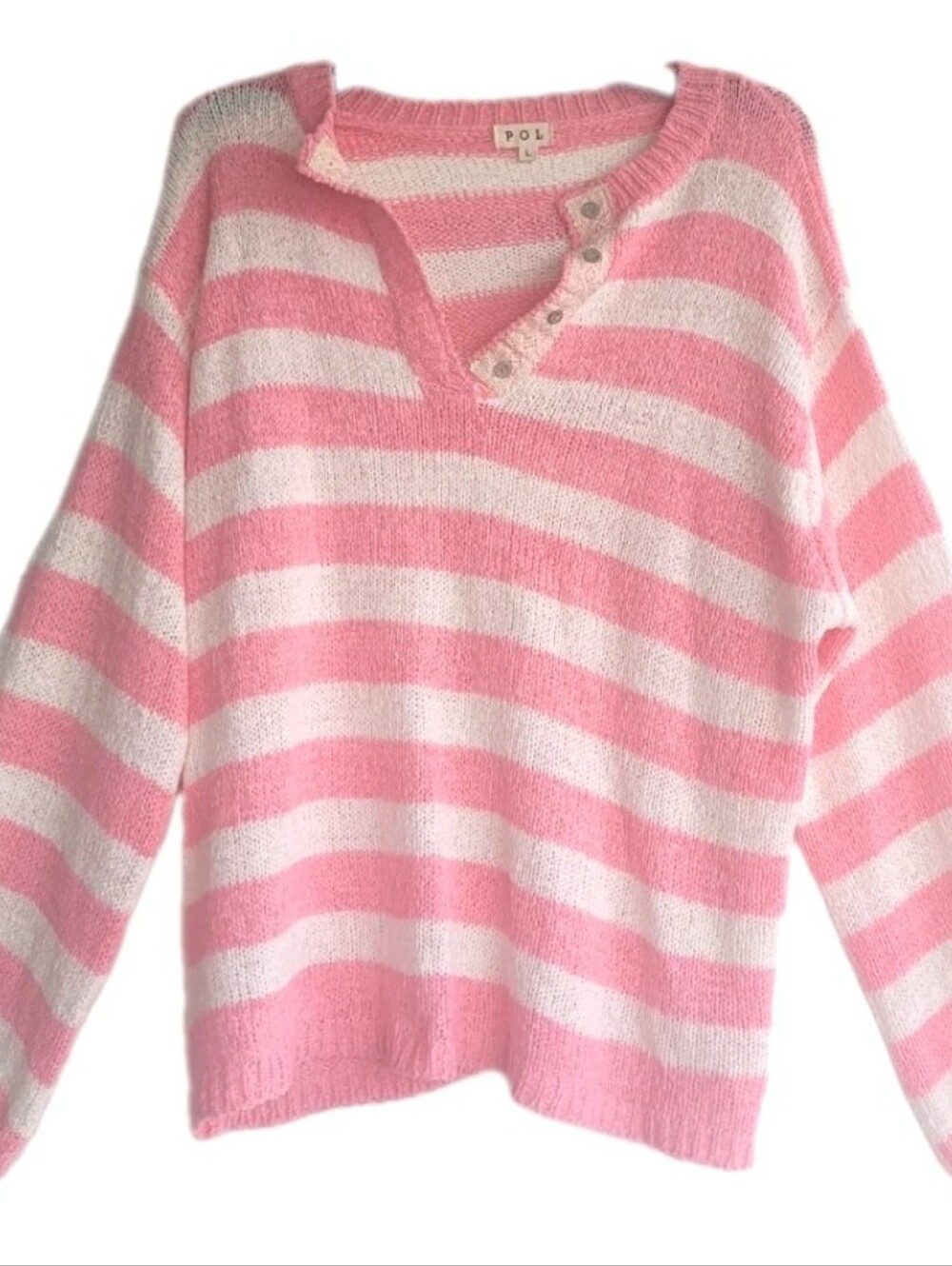 POL Pink & White Striped Vneck Bell Sleeve Pullover Sweater Sz Lg